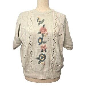 VTG Alfred Dunner Short Sleeve Sweater Embroidered Floral Pearls Women's Size XL